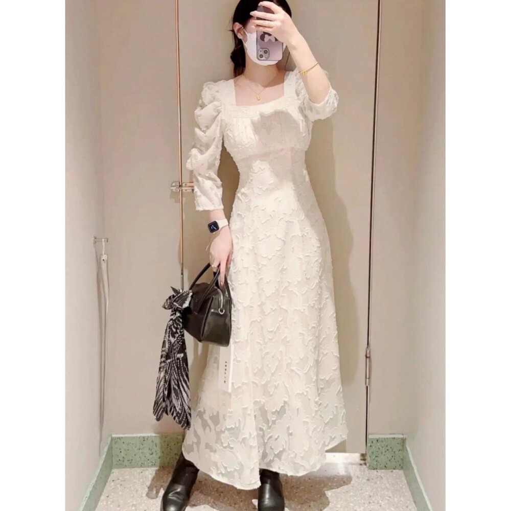 Elegant Ivory Jacquard Maxi Dress Size Small